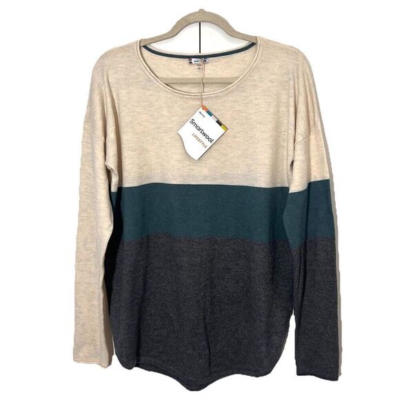 Smartwool Shadow Pine Sweater Womens L Merino Blend Color Block Long Sleeve - Picture 1 of 6